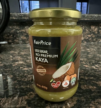 Jar of FairPrice housebrand kaya that a friend bought for me